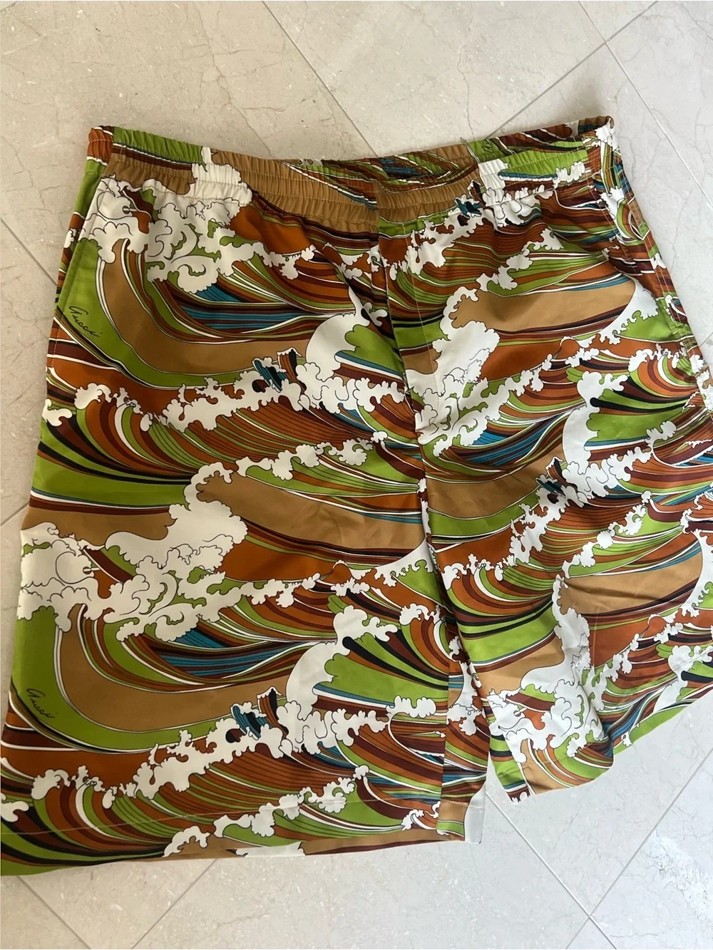 Gucci Brown Green Wave-Print Men's Hybrid Shorts